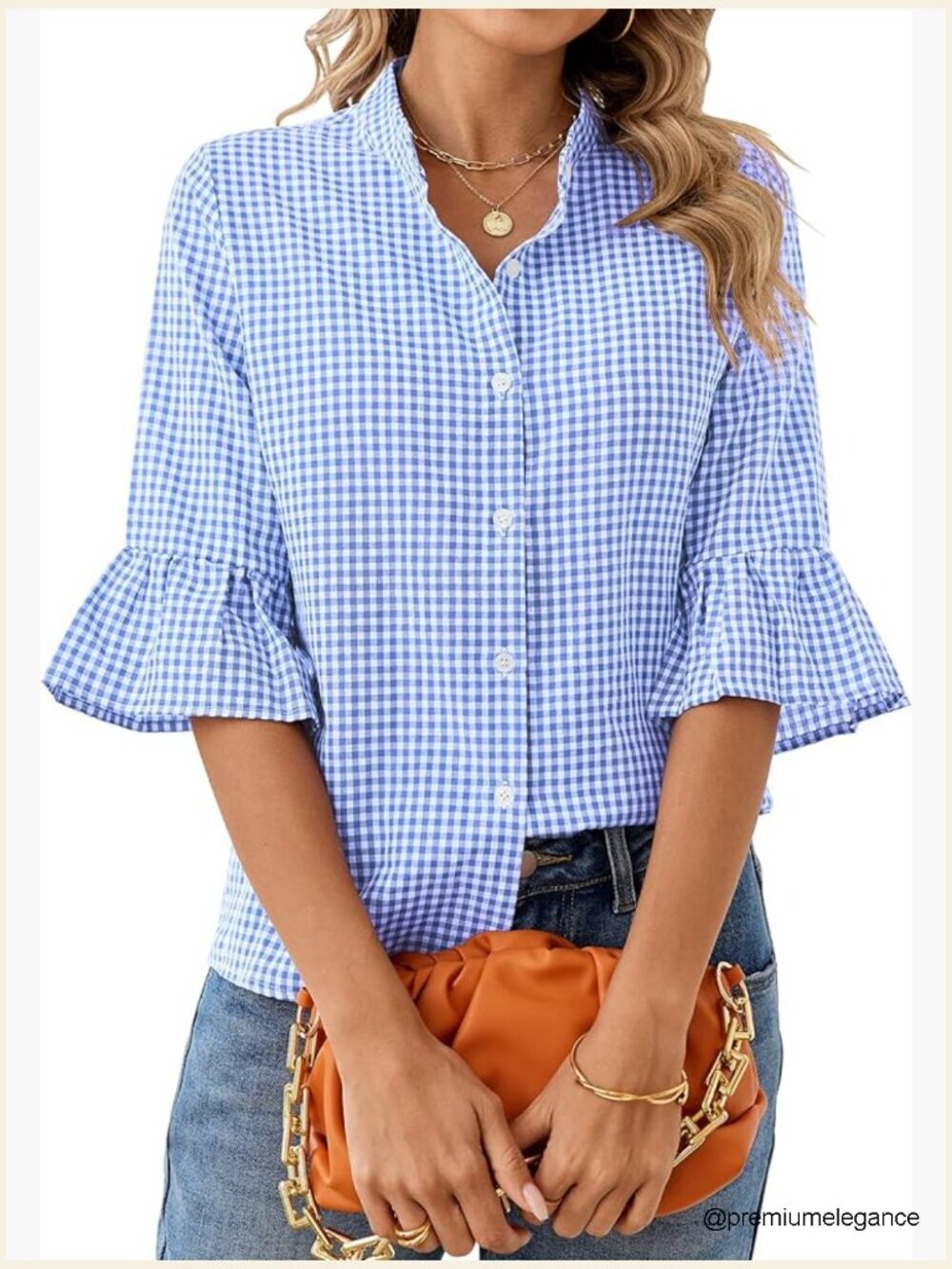 Women's Plaid Button Down Shirt with 3/4 Ruffle Sleeves Mandarin Collar Tops